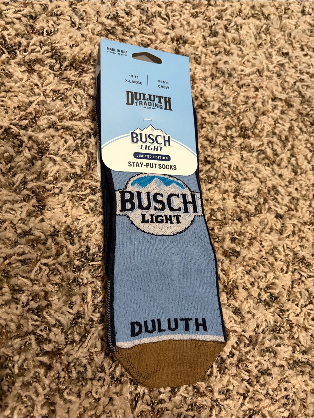 Duluth Trading Co Light Blue Crew Socks with Brown Toe - Busch Light Logo